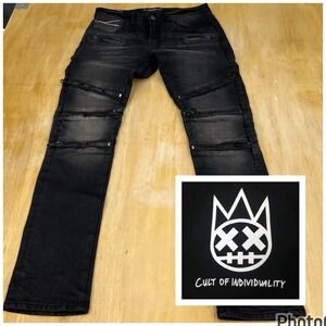 Cult Of Individuality Rocker Moto Jeans Mens 32x33 Slim Fit Taper Selvedge Black
